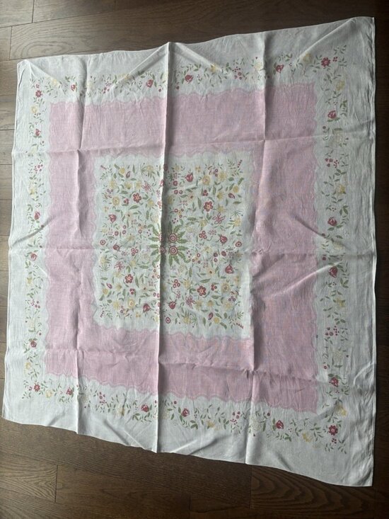 Vintage 1950s Linen Pink Red Rose Floral Tablecloth 50" x 47" Square - Picture 1 of 14